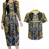Aotearoa Ngati Raukawa Couples Matching Long Sleeve Bodycon Dress and Hawaiian Shirt Maori Tribal Yellow And Navy Paua Shell Pattern DT05 Yellow - Polynesian Pride