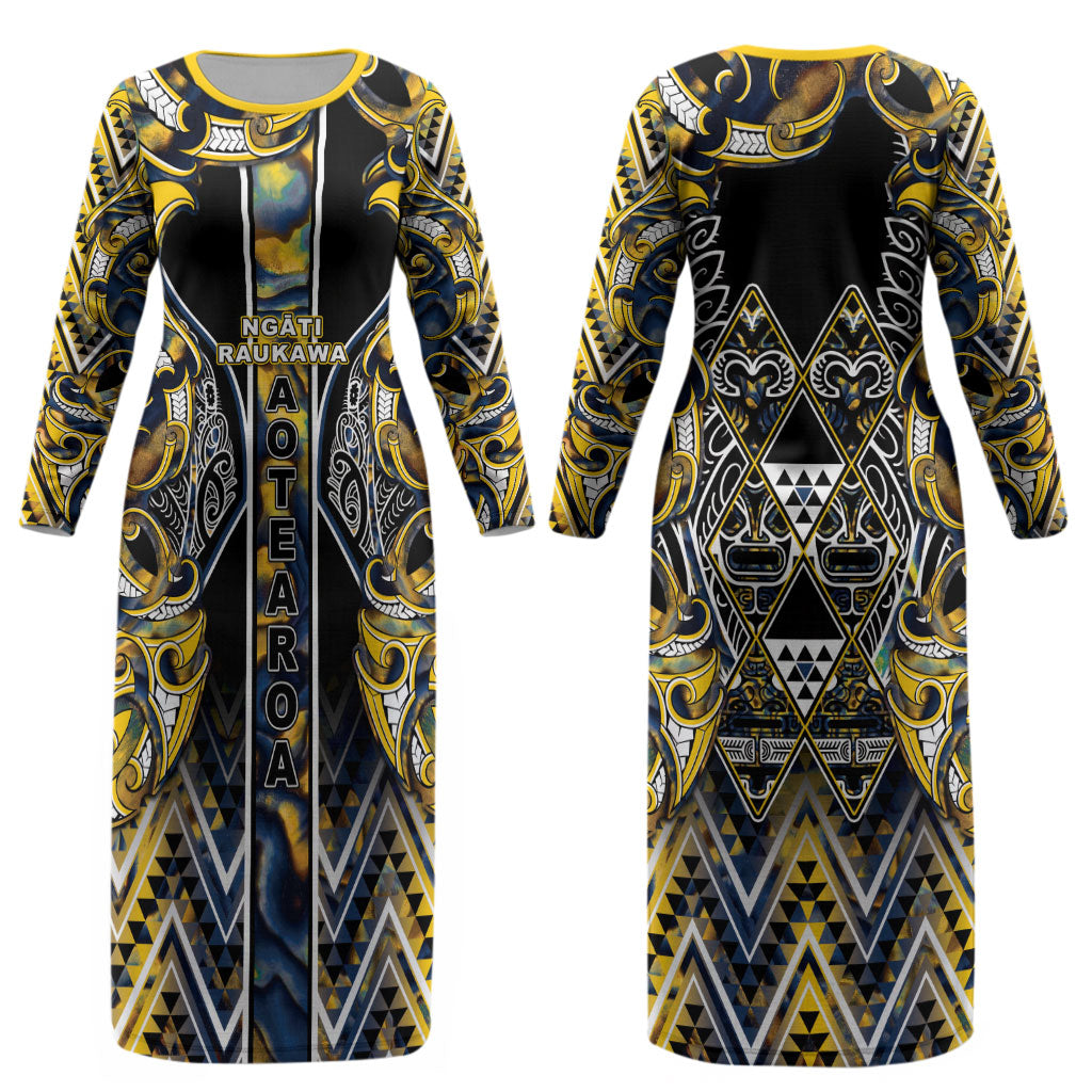 Aotearoa Ngati Raukawa Couples Matching Long Sleeve Bodycon Dress and Hawaiian Shirt Maori Tribal Yellow And Navy Paua Shell Pattern DT05 - Polynesian Pride