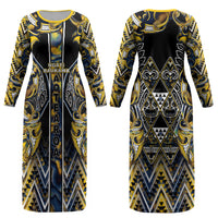 Aotearoa Ngati Raukawa Couples Matching Long Sleeve Bodycon Dress and Hawaiian Shirt Maori Tribal Yellow And Navy Paua Shell Pattern DT05 - Polynesian Pride