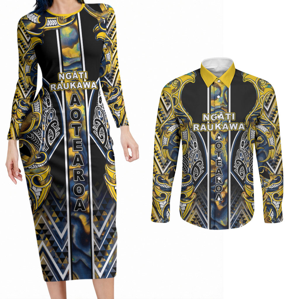 Aotearoa Ngati Raukawa Couples Matching Long Sleeve Bodycon Dress and Long Sleeve Button Shirt Maori Tribal Yellow And Navy Paua Shell Pattern DT05 Yellow - Polynesian Pride