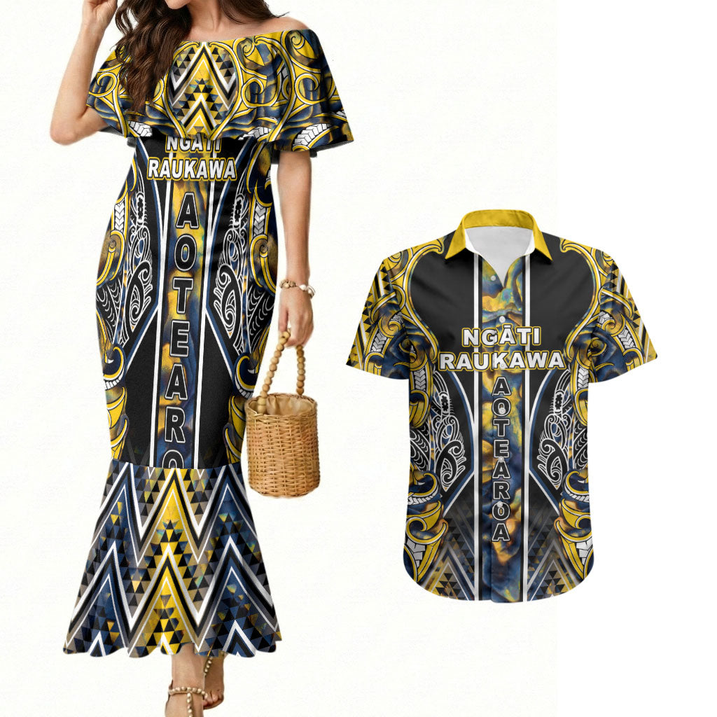 Aotearoa Ngati Raukawa Couples Matching Mermaid Dress and Hawaiian Shirt Maori Tribal Yellow And Navy Paua Shell Pattern DT05 Yellow - Polynesian Pride