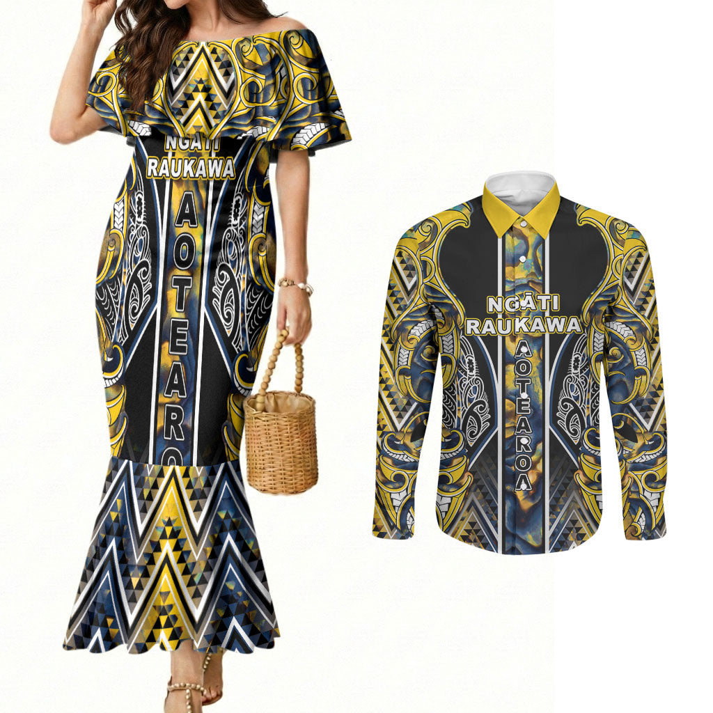 Aotearoa Ngati Raukawa Couples Matching Mermaid Dress and Long Sleeve Button Shirt Maori Tribal Yellow And Navy Paua Shell Pattern DT05 Yellow - Polynesian Pride