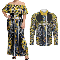 Aotearoa Ngati Raukawa Couples Matching Off Shoulder Maxi Dress and Long Sleeve Button Shirt Maori Tribal Yellow And Navy Paua Shell Pattern DT05 Yellow - Polynesian Pride