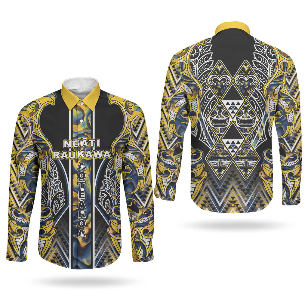 Aotearoa Ngati Raukawa Couples Matching Off Shoulder Maxi Dress and Long Sleeve Button Shirt Maori Tribal Yellow And Navy Paua Shell Pattern DT05 - Polynesian Pride