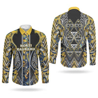 Aotearoa Ngati Raukawa Couples Matching Off Shoulder Maxi Dress and Long Sleeve Button Shirt Maori Tribal Yellow And Navy Paua Shell Pattern DT05 - Polynesian Pride