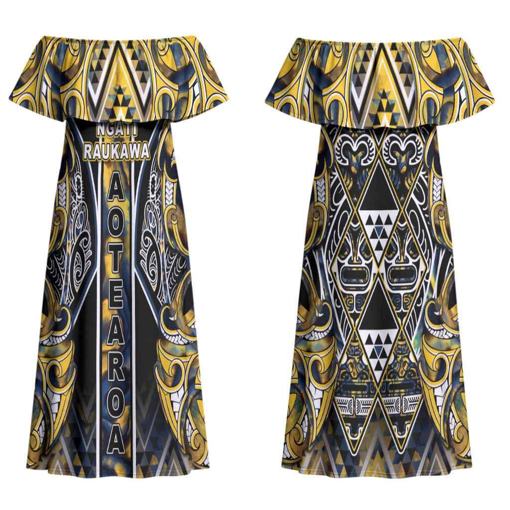 Aotearoa Ngati Raukawa Couples Matching Off Shoulder Maxi Dress and Long Sleeve Button Shirt Maori Tribal Yellow And Navy Paua Shell Pattern DT05 - Polynesian Pride