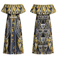Aotearoa Ngati Raukawa Couples Matching Off Shoulder Maxi Dress and Long Sleeve Button Shirt Maori Tribal Yellow And Navy Paua Shell Pattern DT05 - Polynesian Pride