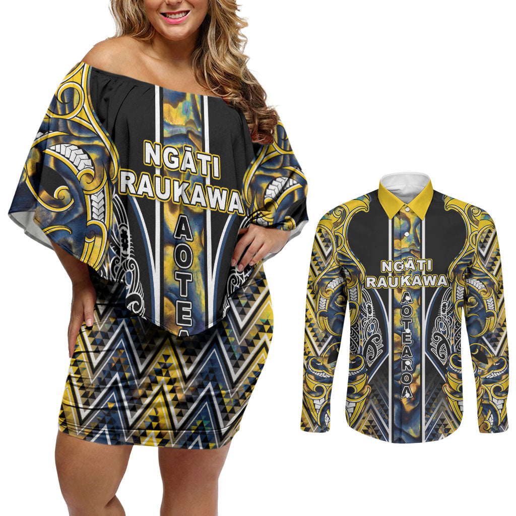 Aotearoa Ngati Raukawa Couples Matching Off Shoulder Short Dress and Long Sleeve Button Shirt Maori Tribal Yellow And Navy Paua Shell Pattern DT05 Yellow - Polynesian Pride