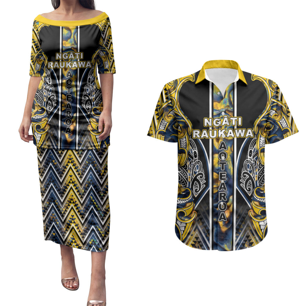Aotearoa Ngati Raukawa Couples Matching Puletasi and Hawaiian Shirt Maori Tribal Yellow And Navy Paua Shell Pattern DT05 Yellow - Polynesian Pride