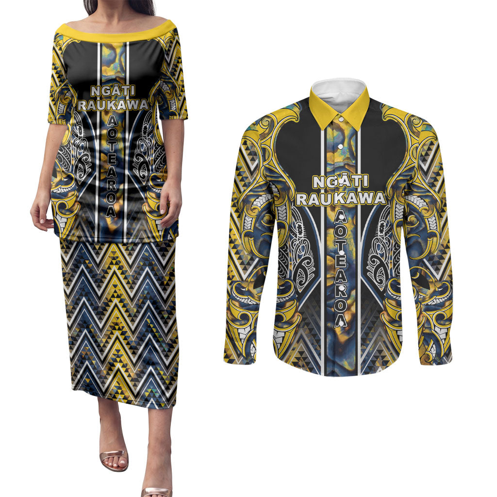 Aotearoa Ngati Raukawa Couples Matching Puletasi and Long Sleeve Button Shirt Maori Tribal Yellow And Navy Paua Shell Pattern DT05 Yellow - Polynesian Pride