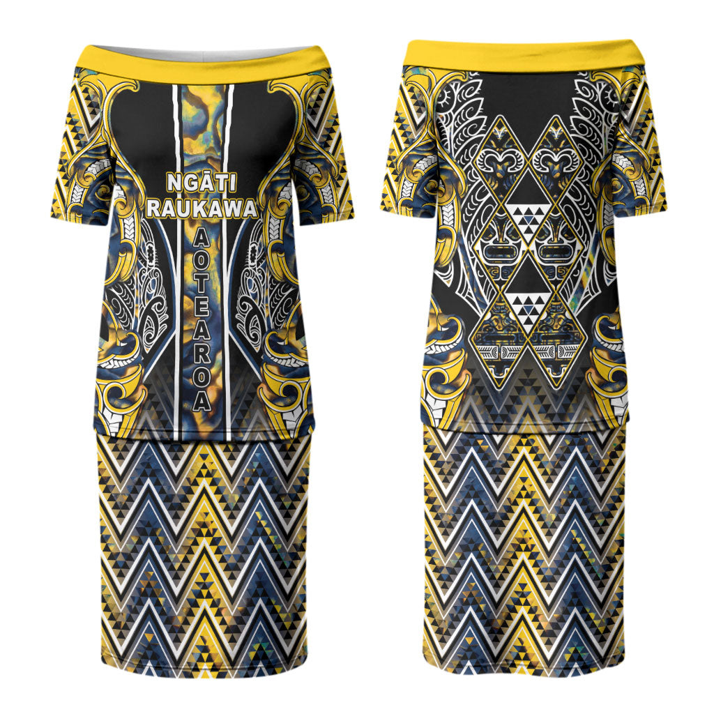 Aotearoa Ngati Raukawa Couples Matching Puletasi and Long Sleeve Button Shirt Maori Tribal Yellow And Navy Paua Shell Pattern DT05 - Polynesian Pride