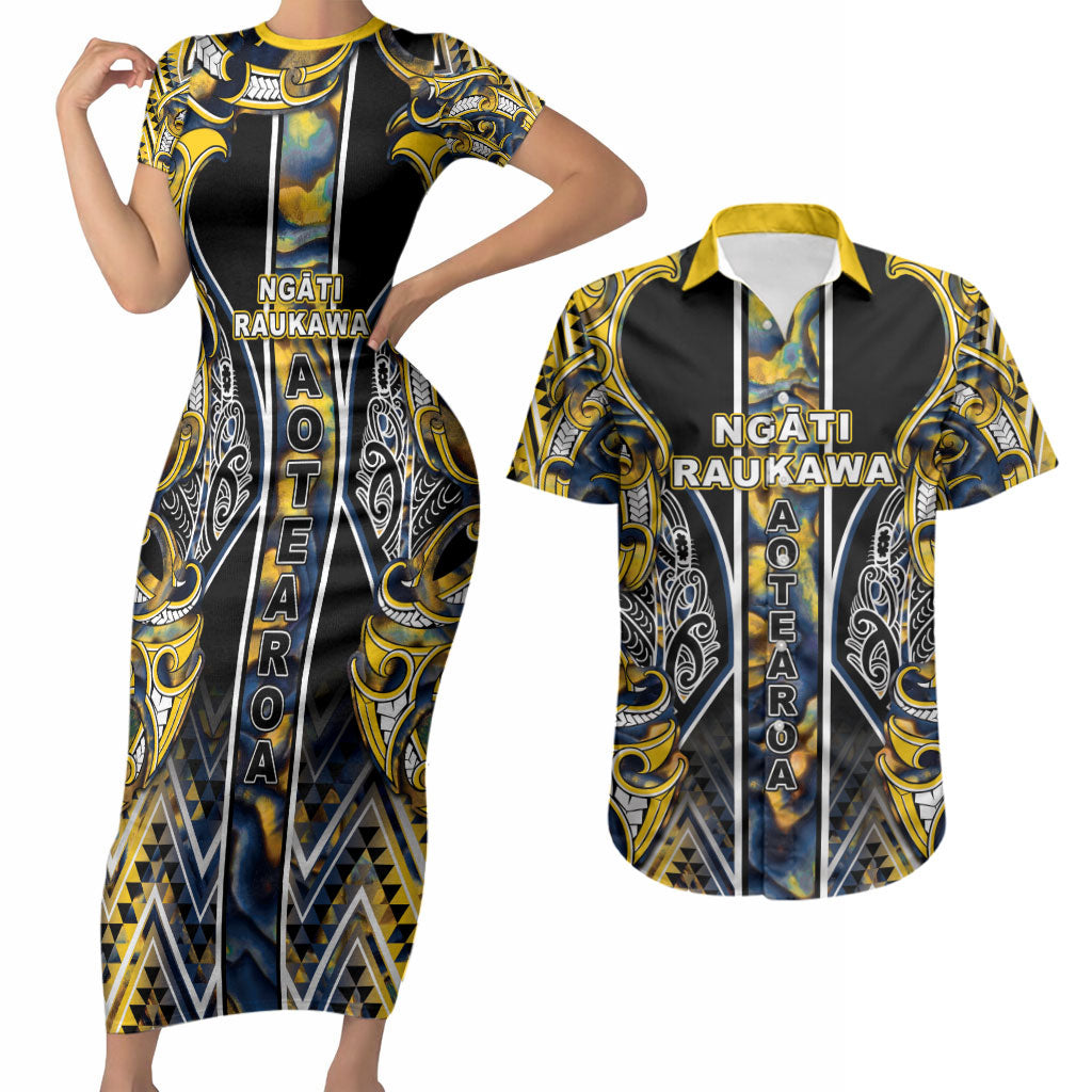 Aotearoa Ngati Raukawa Couples Matching Short Sleeve Bodycon Dress and Hawaiian Shirt Maori Tribal Yellow And Navy Paua Shell Pattern DT05 Yellow - Polynesian Pride