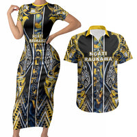 Aotearoa Ngati Raukawa Couples Matching Short Sleeve Bodycon Dress and Hawaiian Shirt Maori Tribal Yellow And Navy Paua Shell Pattern DT05 Yellow - Polynesian Pride