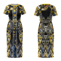 Aotearoa Ngati Raukawa Couples Matching Short Sleeve Bodycon Dress and Hawaiian Shirt Maori Tribal Yellow And Navy Paua Shell Pattern DT05 - Polynesian Pride