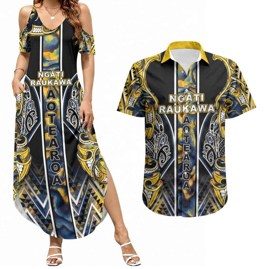Aotearoa Ngati Raukawa Couples Matching Summer Maxi Dress and Hawaiian Shirt Maori Tribal Yellow And Navy Paua Shell Pattern DT05 Yellow - Polynesian Pride