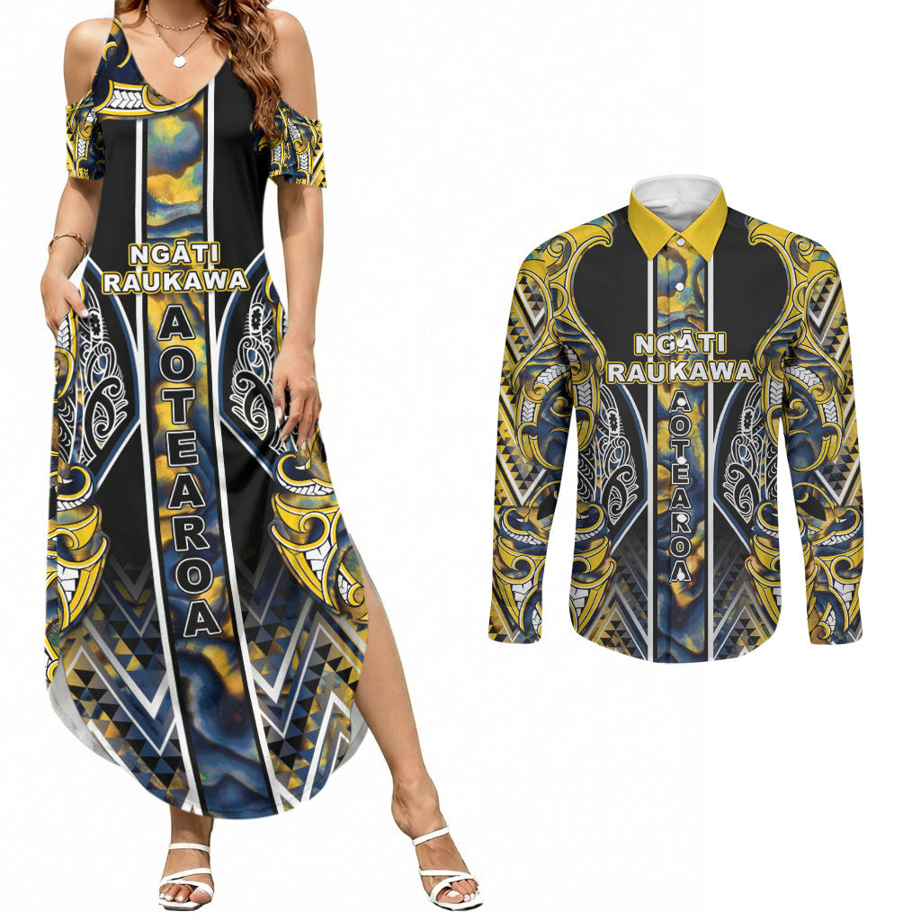 Aotearoa Ngati Raukawa Couples Matching Summer Maxi Dress and Long Sleeve Button Shirt Maori Tribal Yellow And Navy Paua Shell Pattern DT05 Yellow - Polynesian Pride