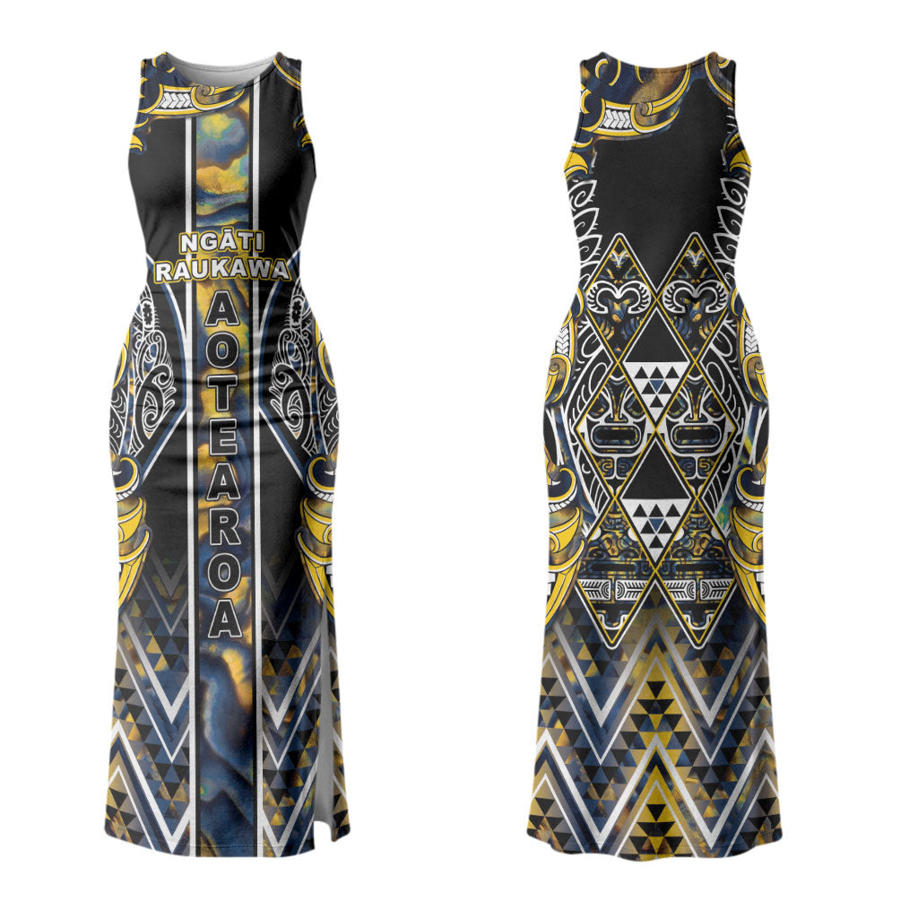 Aotearoa Ngati Raukawa Couples Matching Tank Maxi Dress and Long Sleeve Button Shirt Maori Tribal Yellow And Navy Paua Shell Pattern DT05 - Polynesian Pride