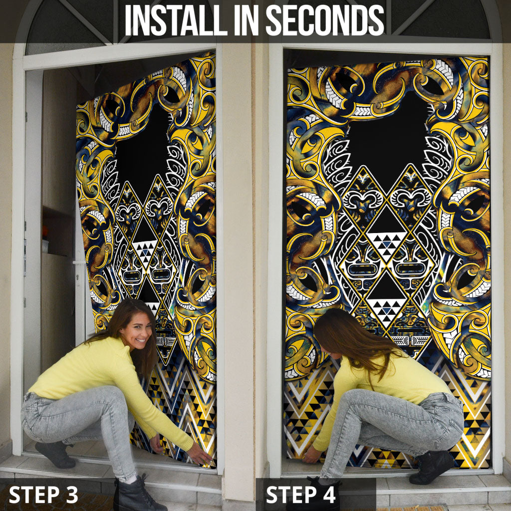 Aotearoa Ngati Raukawa Door Cover Maori Tribal Yellow And Navy Paua Shell Pattern DT05 - Polynesian Pride