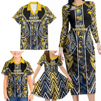 Aotearoa Ngati Raukawa Family Matching Long Sleeve Bodycon Dress and Hawaiian Shirt Maori Tribal Yellow And Navy Paua Shell Pattern DT05 - Polynesian Pride