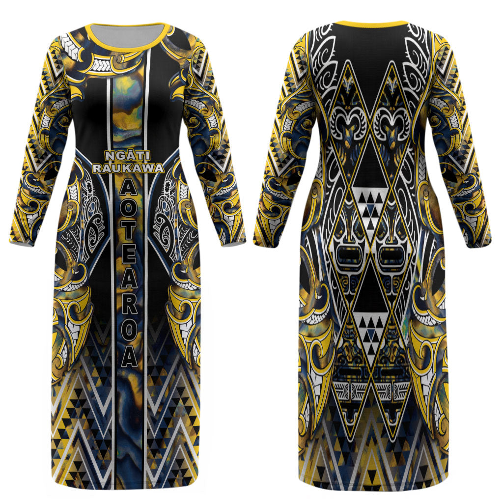 Aotearoa Ngati Raukawa Family Matching Long Sleeve Bodycon Dress and Hawaiian Shirt Maori Tribal Yellow And Navy Paua Shell Pattern DT05 Mom's Dress Yellow - Polynesian Pride