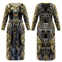 Aotearoa Ngati Raukawa Family Matching Long Sleeve Bodycon Dress and Hawaiian Shirt Maori Tribal Yellow And Navy Paua Shell Pattern DT05 Mom's Dress Yellow - Polynesian Pride