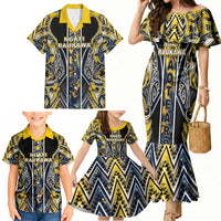 Aotearoa Ngati Raukawa Family Matching Mermaid Dress and Hawaiian Shirt Maori Tribal Yellow And Navy Paua Shell Pattern DT05 - Polynesian Pride