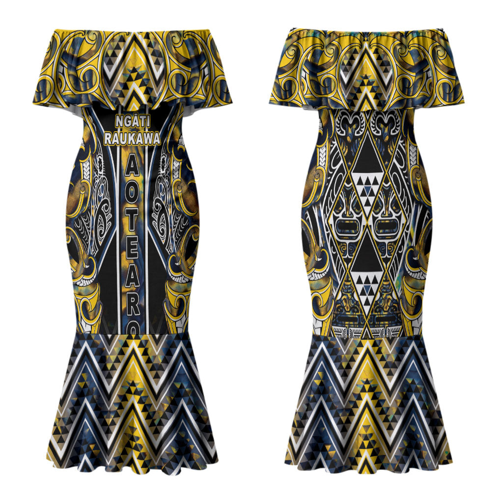 Aotearoa Ngati Raukawa Family Matching Mermaid Dress and Hawaiian Shirt Maori Tribal Yellow And Navy Paua Shell Pattern DT05 Mom's Dress Yellow - Polynesian Pride
