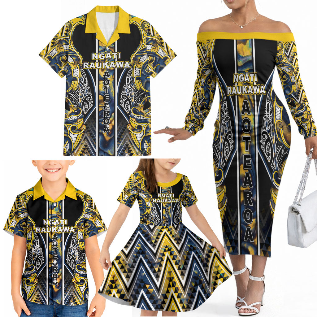 Aotearoa Ngati Raukawa Family Matching Off The Shoulder Long Sleeve Dress and Hawaiian Shirt Maori Tribal Yellow And Navy Paua Shell Pattern DT05 - Polynesian Pride