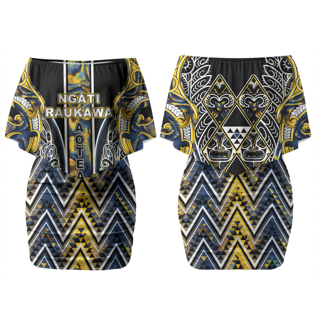 Aotearoa Ngati Raukawa Family Matching Off Shoulder Short Dress and Hawaiian Shirt Maori Tribal Yellow And Navy Paua Shell Pattern DT05 Mom's Dress Yellow - Polynesian Pride