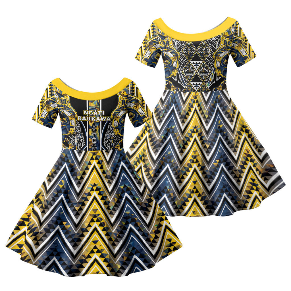 Aotearoa Ngati Raukawa Family Matching Off Shoulder Short Dress and Hawaiian Shirt Maori Tribal Yellow And Navy Paua Shell Pattern DT05 Daughter's Dress Yellow - Polynesian Pride