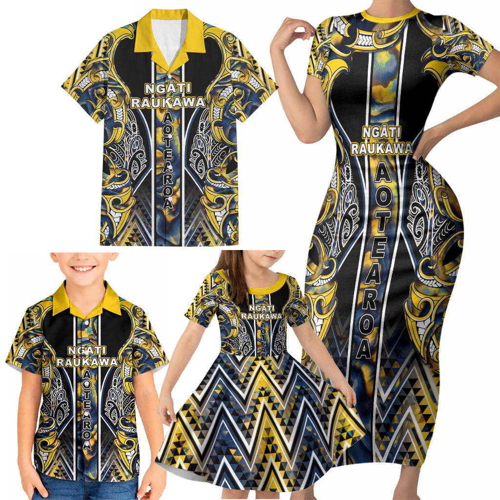 Aotearoa Ngati Raukawa Family Matching Short Sleeve Bodycon Dress and Hawaiian Shirt Maori Tribal Yellow And Navy Paua Shell Pattern DT05 - Polynesian Pride
