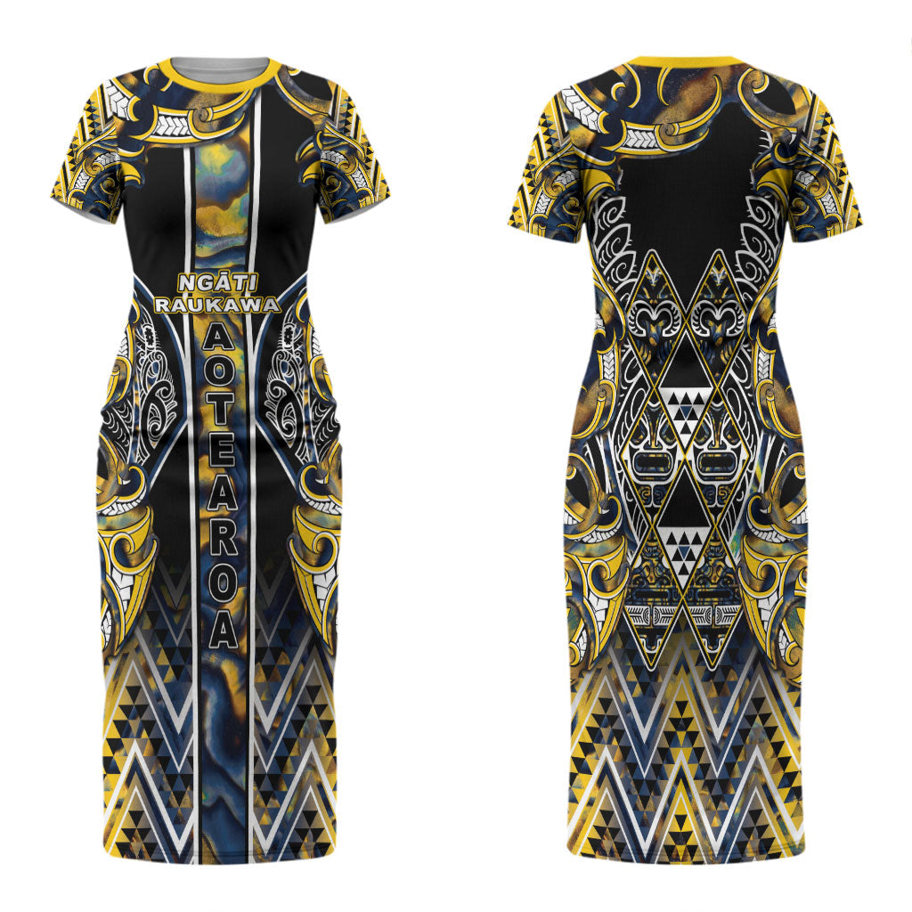 Aotearoa Ngati Raukawa Family Matching Short Sleeve Bodycon Dress and Hawaiian Shirt Maori Tribal Yellow And Navy Paua Shell Pattern DT05 Mom's Dress Yellow - Polynesian Pride