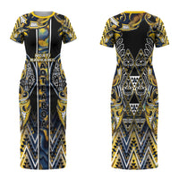 Aotearoa Ngati Raukawa Family Matching Short Sleeve Bodycon Dress and Hawaiian Shirt Maori Tribal Yellow And Navy Paua Shell Pattern DT05 Mom's Dress Yellow - Polynesian Pride