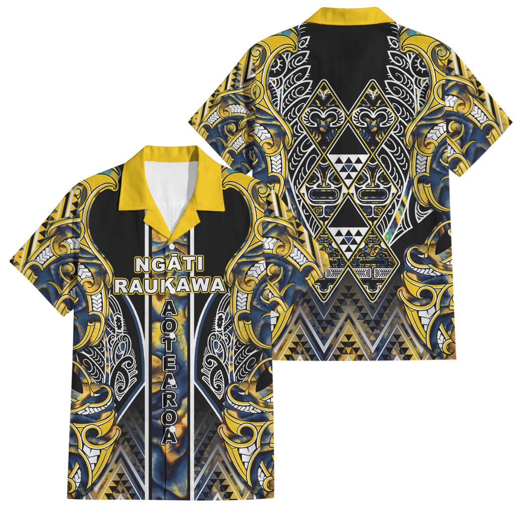 Aotearoa Ngati Raukawa Family Matching Short Sleeve Bodycon Dress and Hawaiian Shirt Maori Tribal Yellow And Navy Paua Shell Pattern DT05 Dad's Shirt - Short Sleeve Yellow - Polynesian Pride
