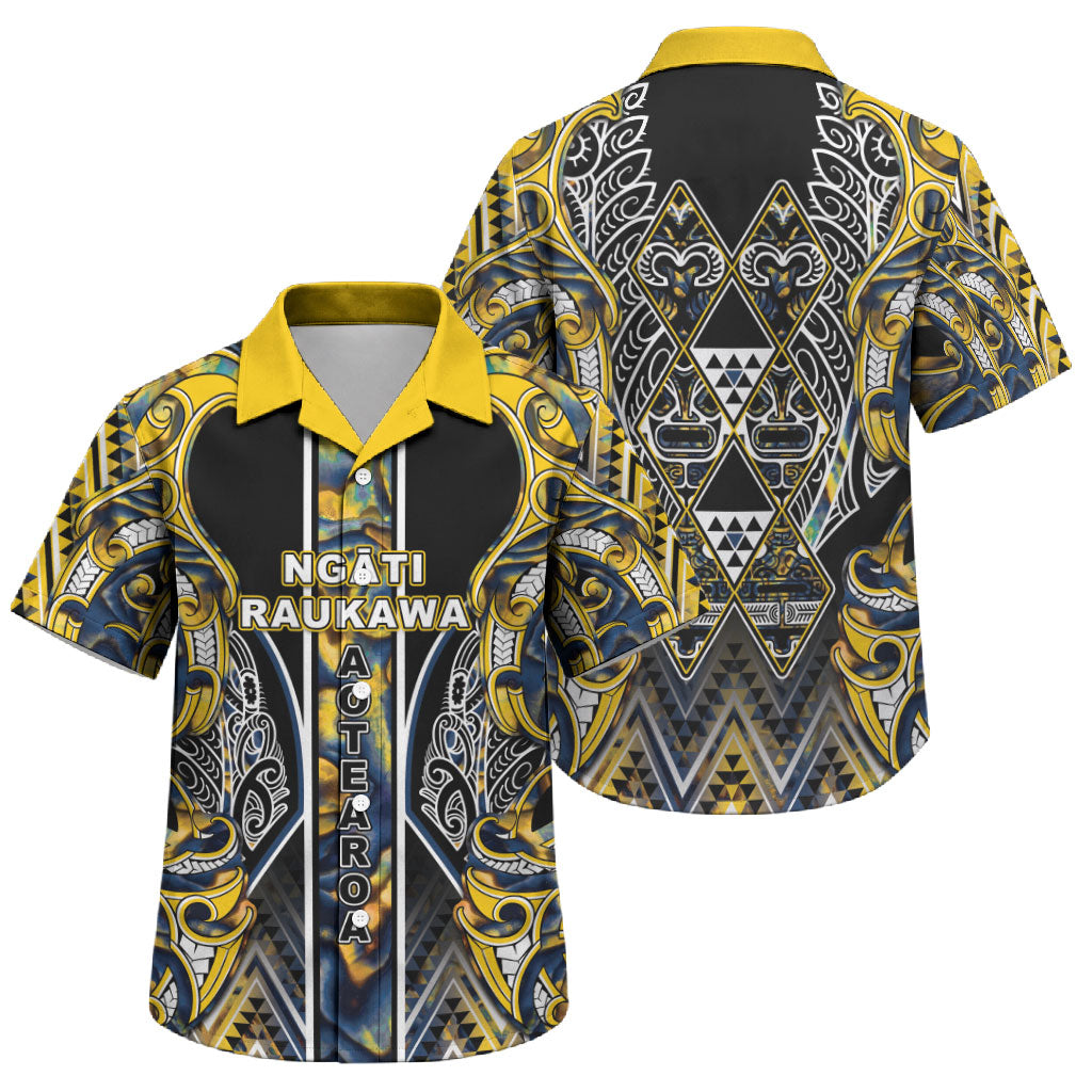 Aotearoa Ngati Raukawa Family Matching Short Sleeve Bodycon Dress and Hawaiian Shirt Maori Tribal Yellow And Navy Paua Shell Pattern DT05 Son's Shirt Yellow - Polynesian Pride