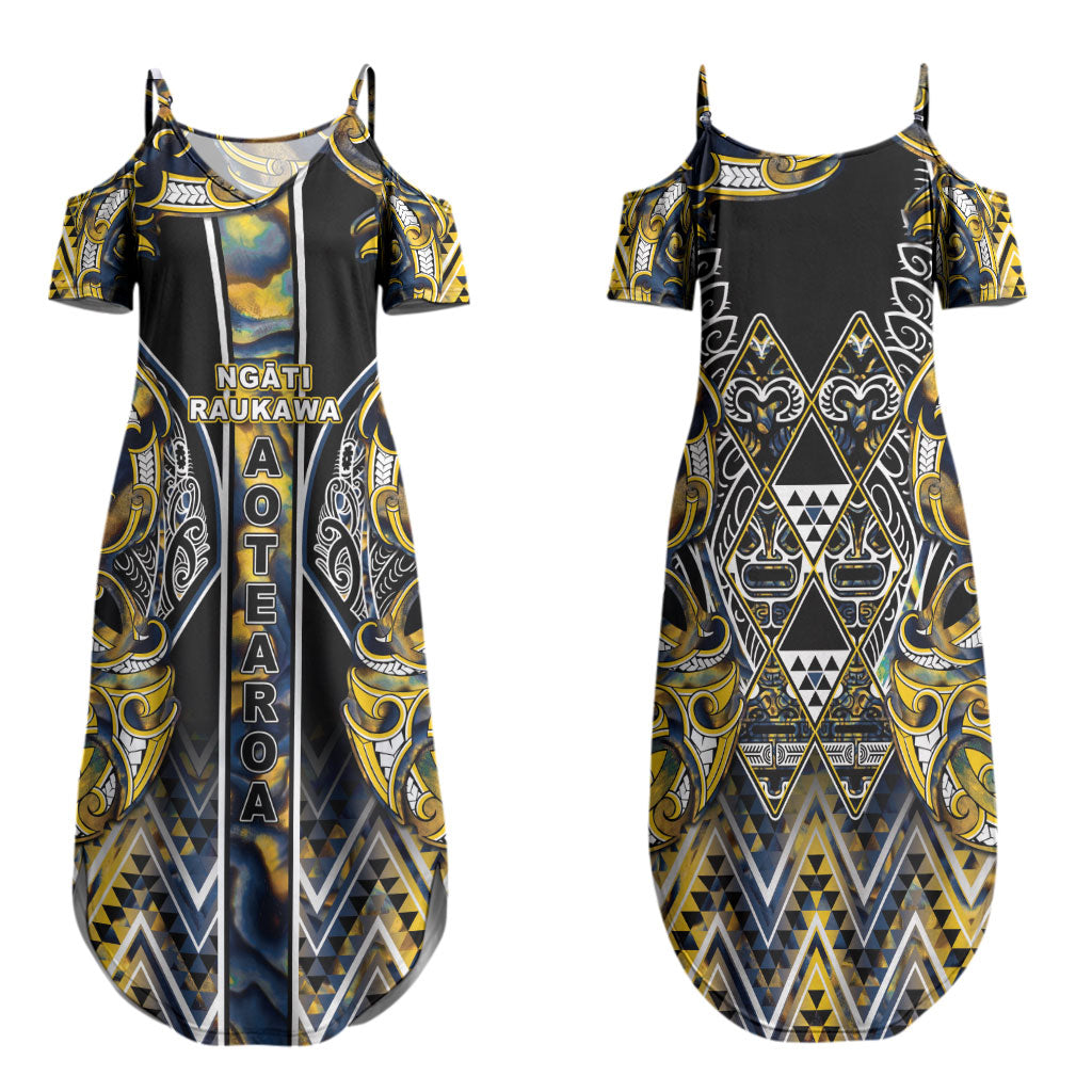 Aotearoa Ngati Raukawa Family Matching Summer Maxi Dress and Hawaiian Shirt Maori Tribal Yellow And Navy Paua Shell Pattern DT05 Mom's Dress Yellow - Polynesian Pride
