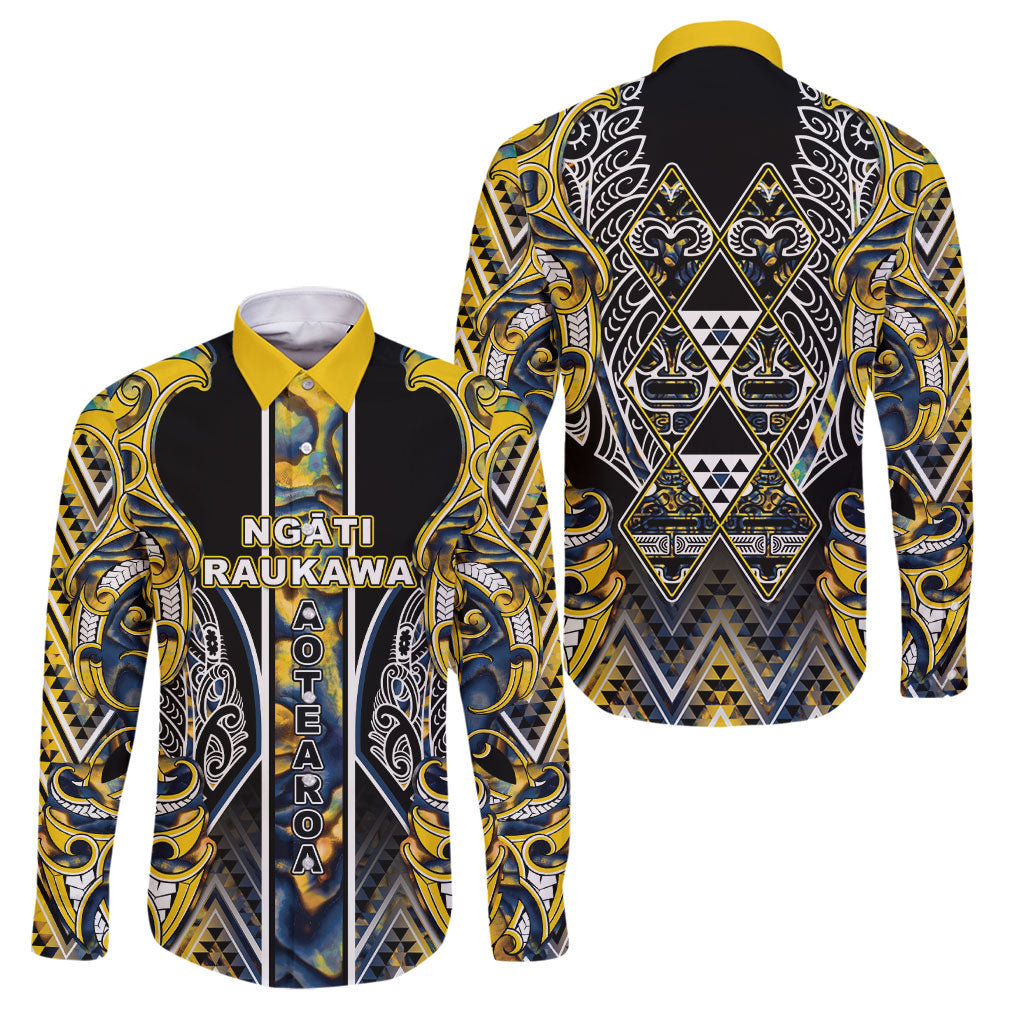Aotearoa Ngati Raukawa Family Matching Summer Maxi Dress and Hawaiian Shirt Maori Tribal Yellow And Navy Paua Shell Pattern DT05 Dad's Shirt - Long Sleeve Yellow - Polynesian Pride