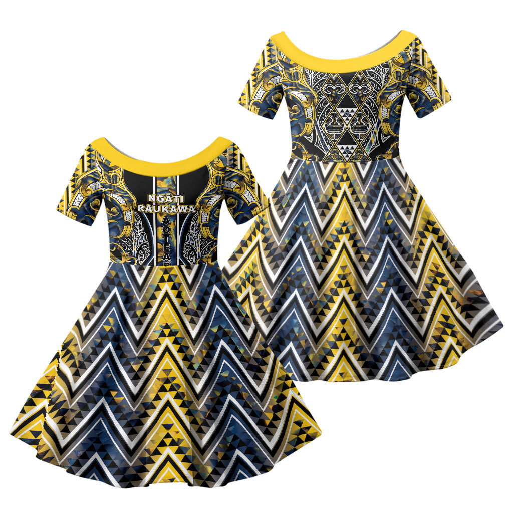 Aotearoa Ngati Raukawa Family Matching Summer Maxi Dress and Hawaiian Shirt Maori Tribal Yellow And Navy Paua Shell Pattern DT05 Daughter's Dress Yellow - Polynesian Pride
