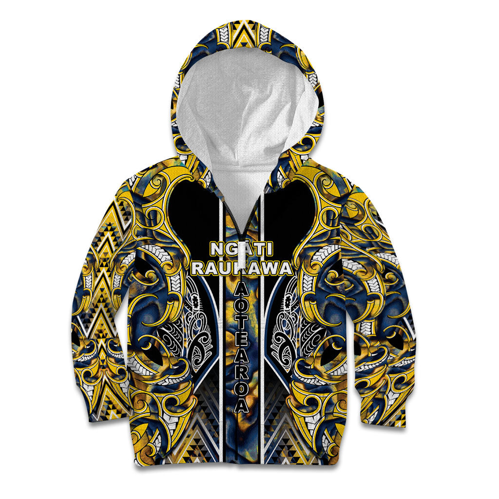 Aotearoa Ngati Raukawa Kid Hoodie Maori Tribal Yellow And Navy Paua Shell Pattern DT05 Zip Hoodie Yellow - Polynesian Pride