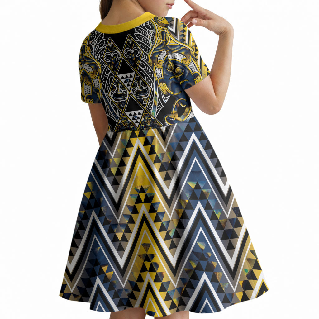 Aotearoa Ngati Raukawa Kid Short Sleeve Dress Maori Tribal Yellow And Navy Paua Shell Pattern DT05 - Polynesian Pride