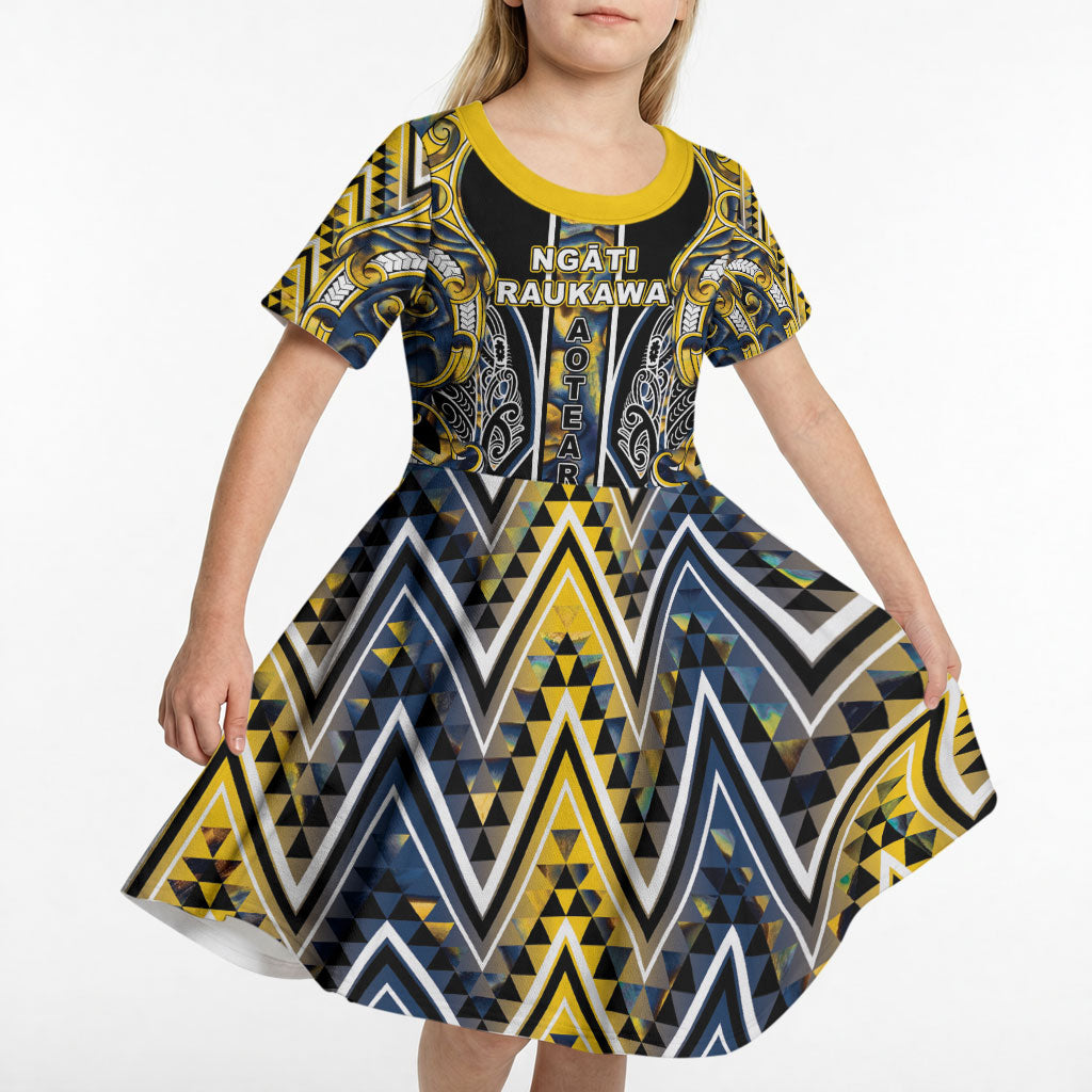 Aotearoa Ngati Raukawa Kid Short Sleeve Dress Maori Tribal Yellow And Navy Paua Shell Pattern DT05 - Polynesian Pride