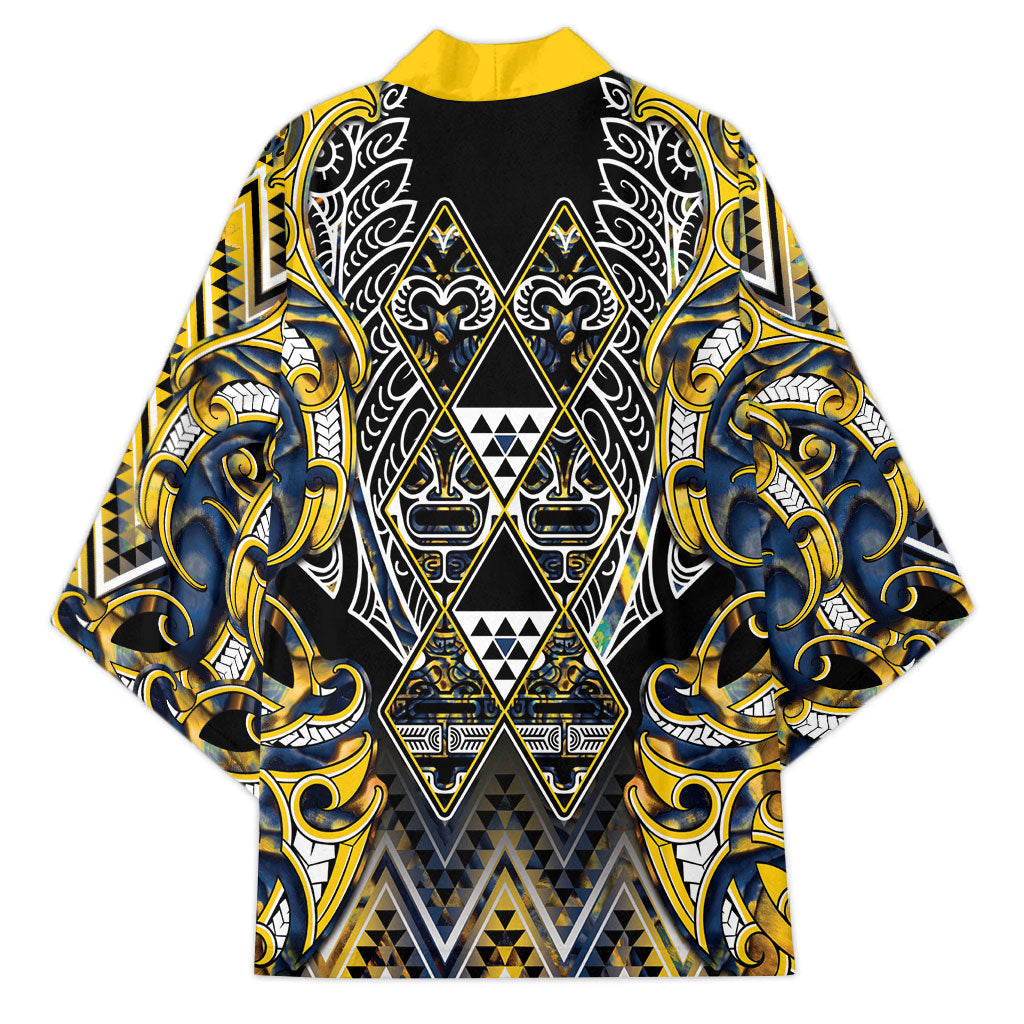 Aotearoa Ngati Raukawa Kimono Maori Tribal Yellow And Navy Paua Shell Pattern DT05 - Polynesian Pride