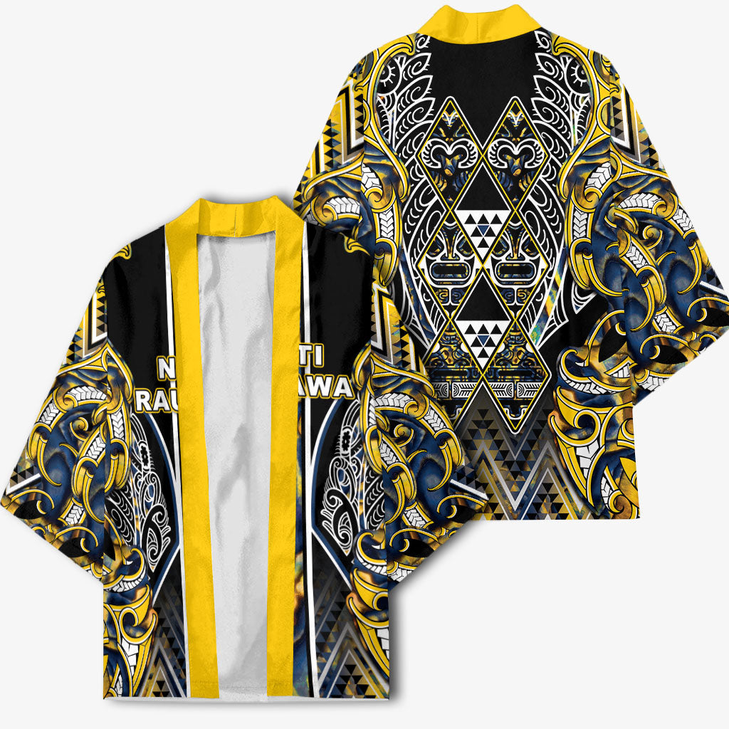 Aotearoa Ngati Raukawa Kimono Maori Tribal Yellow And Navy Paua Shell Pattern DT05 - Polynesian Pride