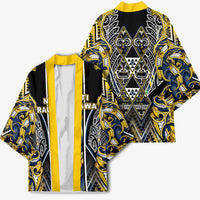 Aotearoa Ngati Raukawa Kimono Maori Tribal Yellow And Navy Paua Shell Pattern DT05 - Polynesian Pride