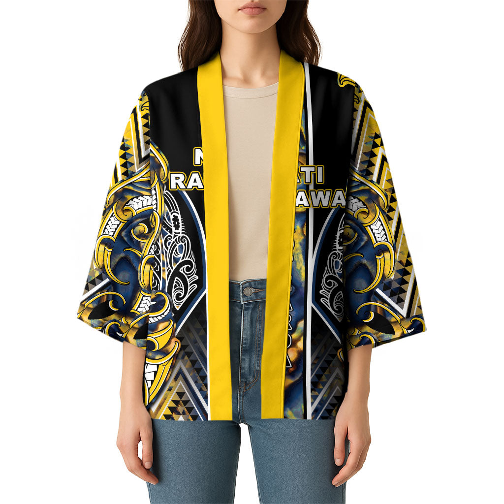 Aotearoa Ngati Raukawa Kimono Maori Tribal Yellow And Navy Paua Shell Pattern DT05 - Polynesian Pride