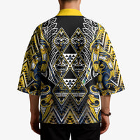 Aotearoa Ngati Raukawa Kimono Maori Tribal Yellow And Navy Paua Shell Pattern DT05 - Polynesian Pride