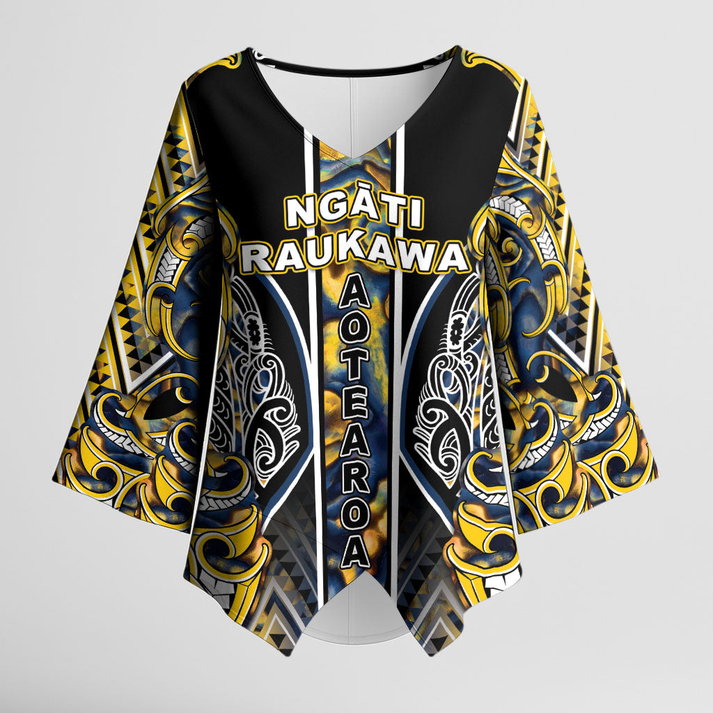 Aotearoa Ngati Raukawa Kimono Sleeve Blouse Maori Tribal Yellow And Navy Paua Shell Pattern DT05 Female Yellow - Polynesian Pride