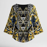 Aotearoa Ngati Raukawa Kimono Sleeve Blouse Maori Tribal Yellow And Navy Paua Shell Pattern DT05 - Polynesian Pride