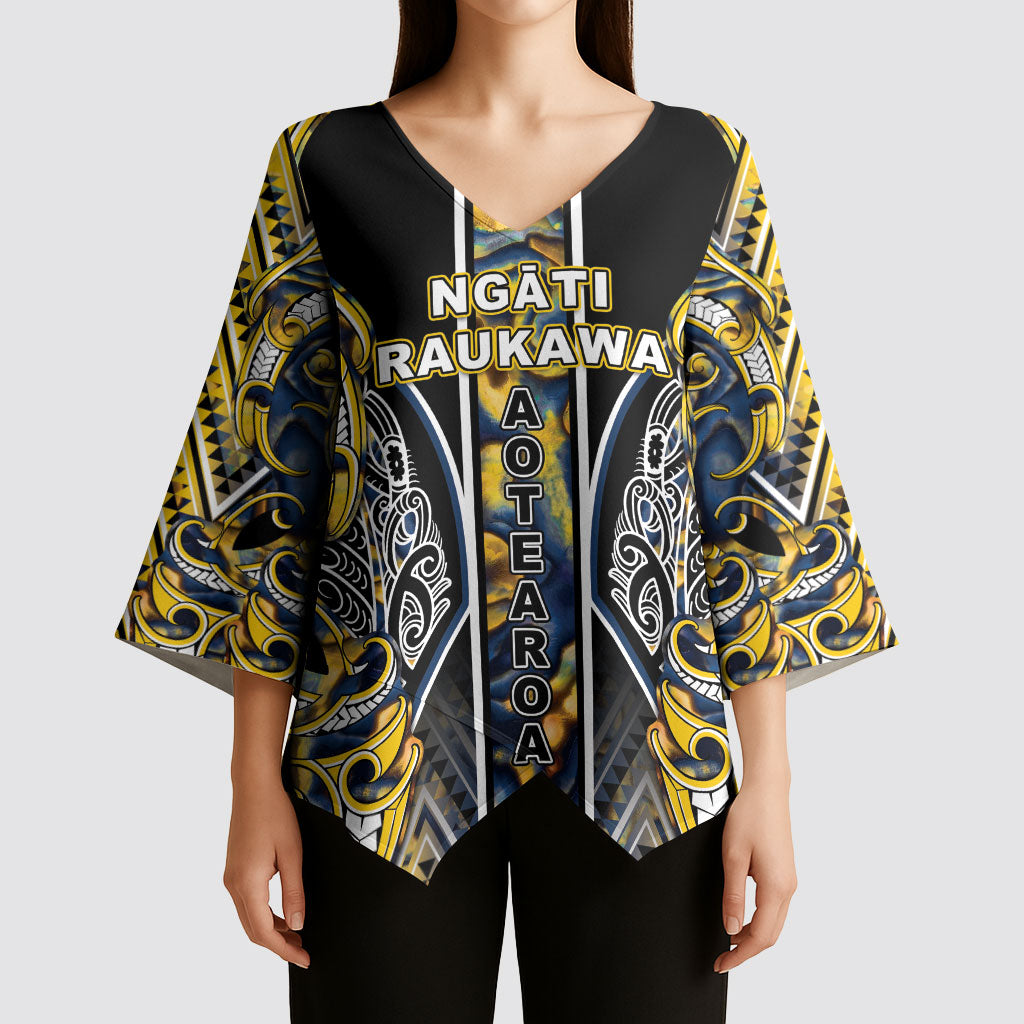 Aotearoa Ngati Raukawa Kimono Sleeve Blouse Maori Tribal Yellow And Navy Paua Shell Pattern DT05 - Polynesian Pride