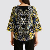 Aotearoa Ngati Raukawa Kimono Sleeve Blouse Maori Tribal Yellow And Navy Paua Shell Pattern DT05 - Polynesian Pride